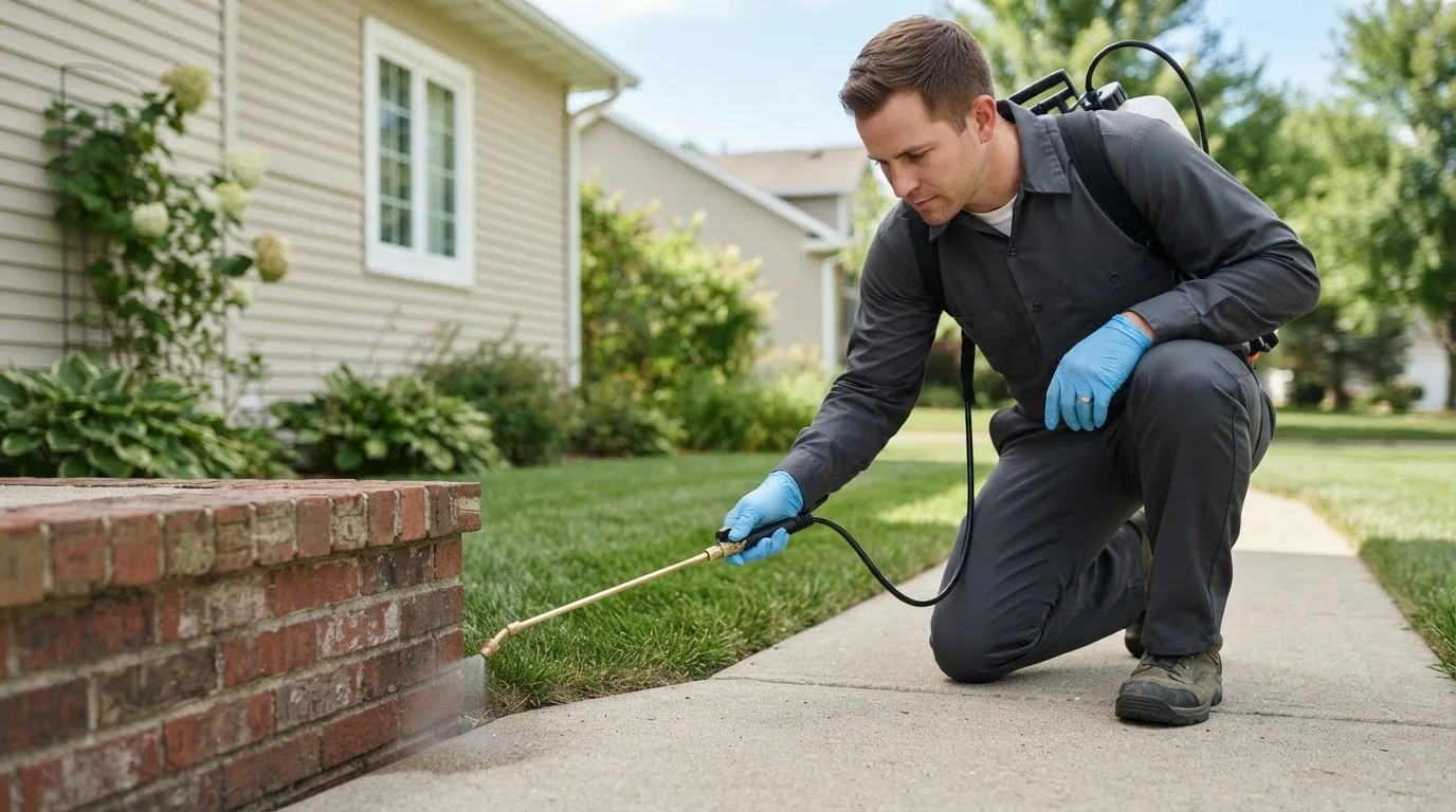 Pest control technician treating a home near Pleasant Lake, MI
