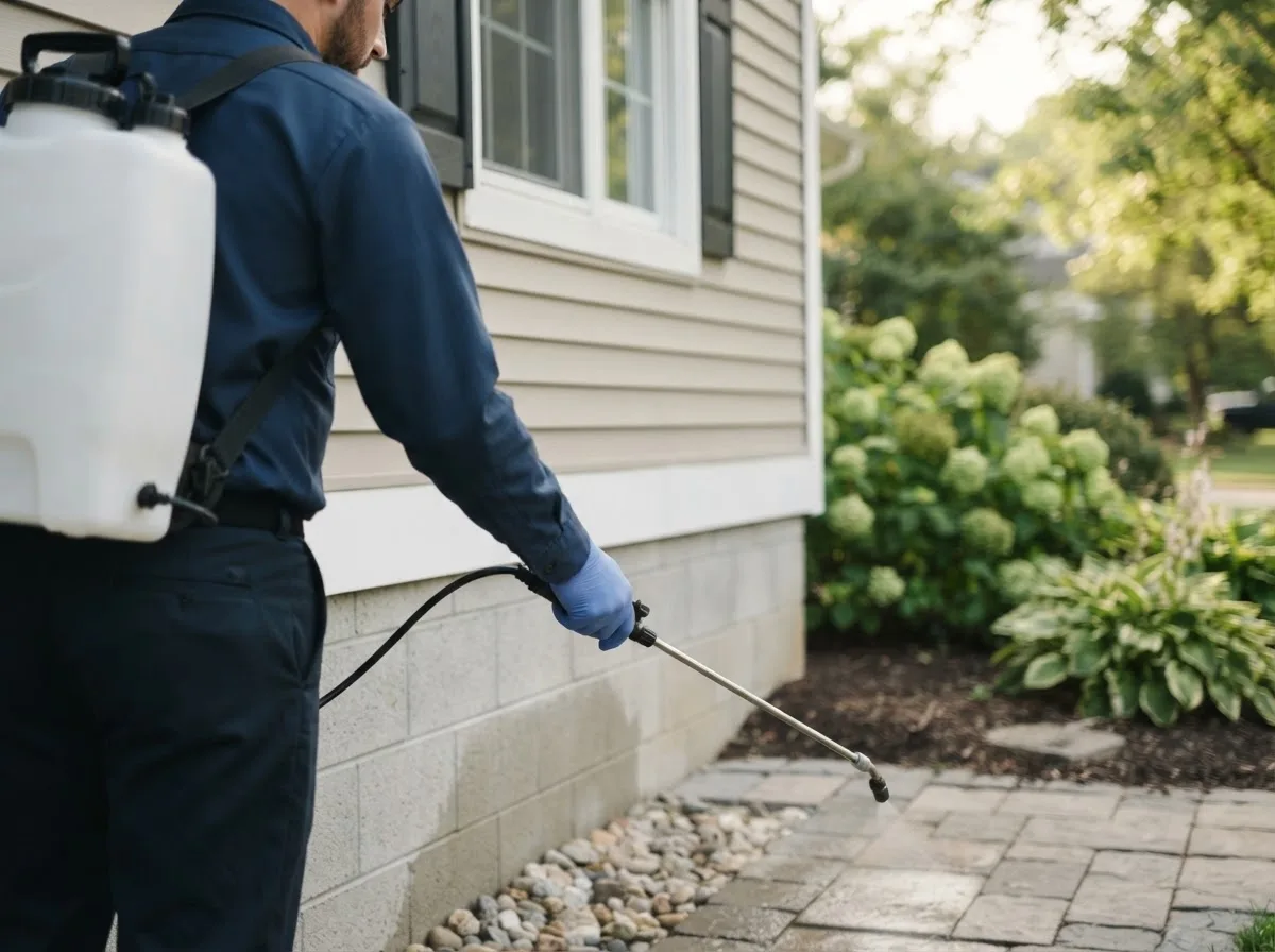 Pest control technician inspecting a home in Pleasant Lake, MI